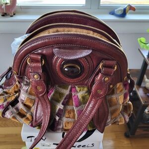 Women's Multi-Color Textured Satchel with Burgundy Leather Trim